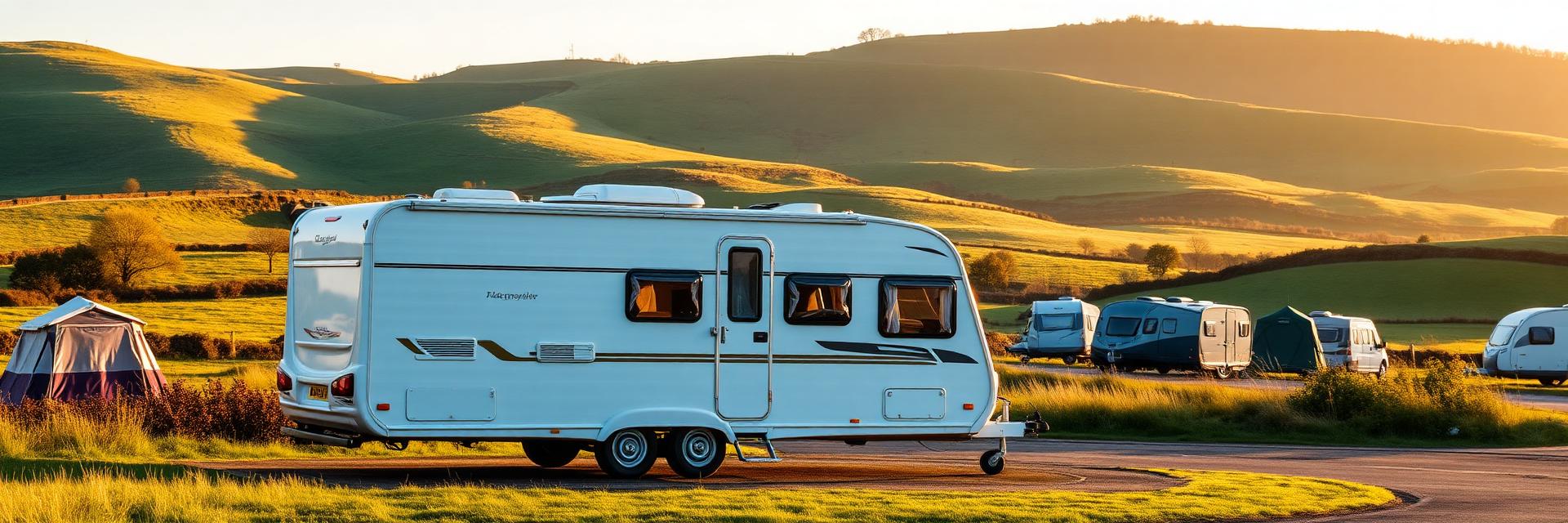 Touring caravan at a scenic UK countryside campsite