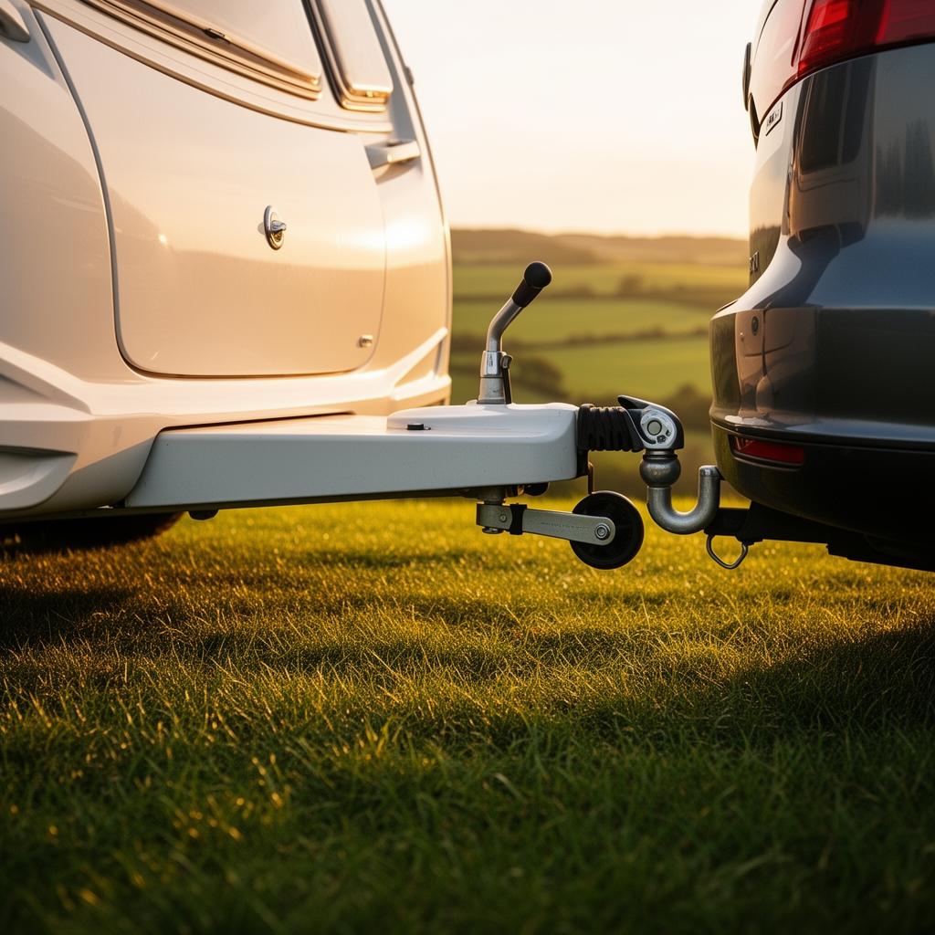 Caravan coupling hitched to a tow car showing the noseweight point