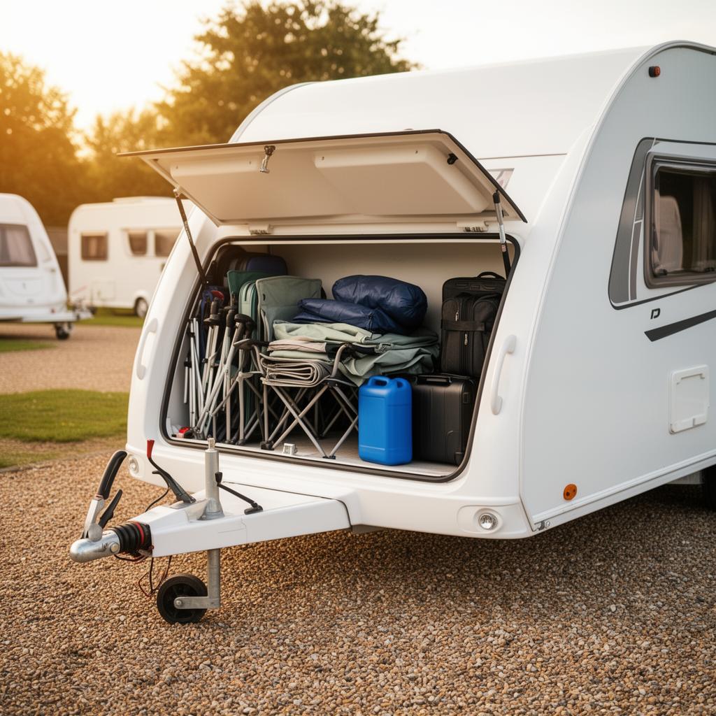 Family packing a touring caravan with camping gear, chairs and cool boxes