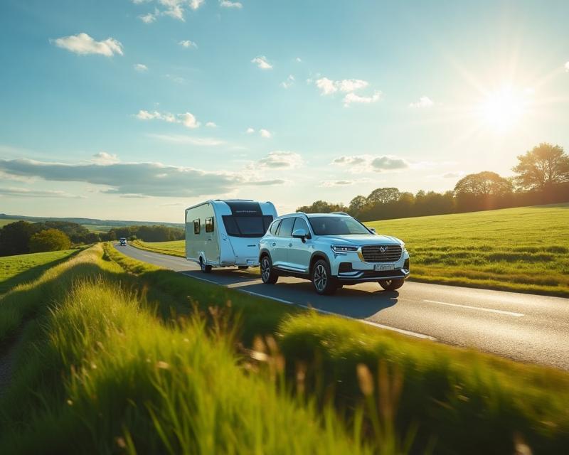 SUV towing a caravan on a scenic UK country road