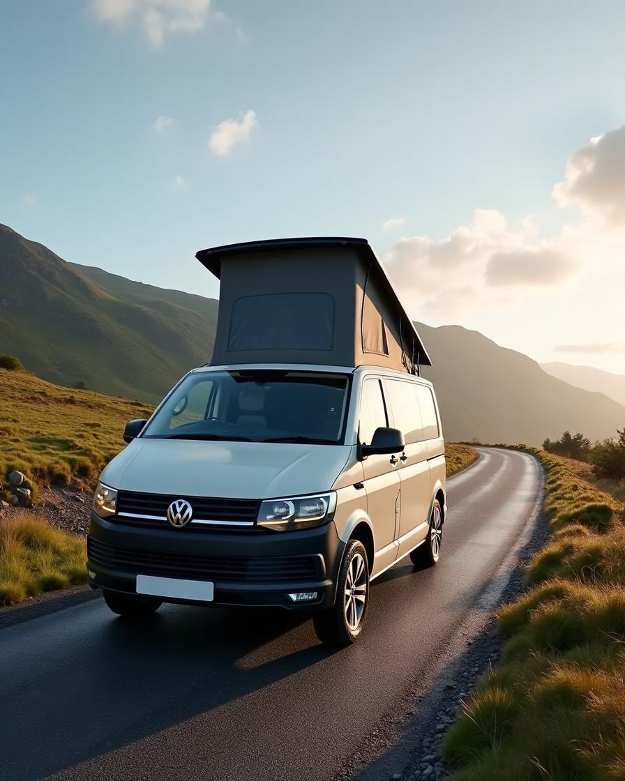 Campervan parked by mountains