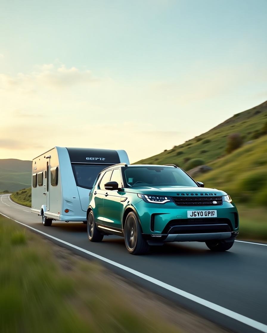 Car towing a caravan on a UK countryside road