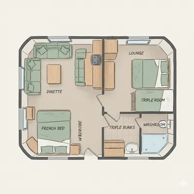 French Bed and Side Bunks floorplan