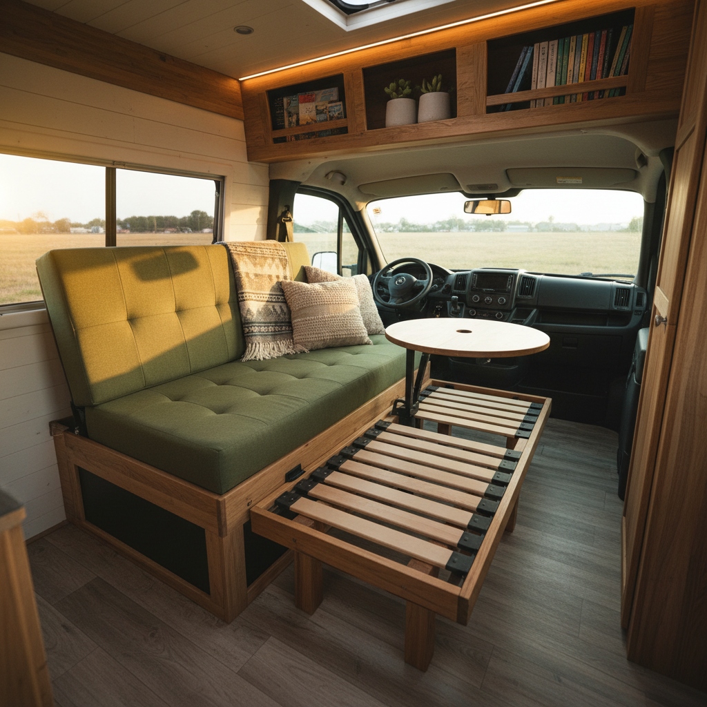 Rock and Roll Bed layout in a campervan